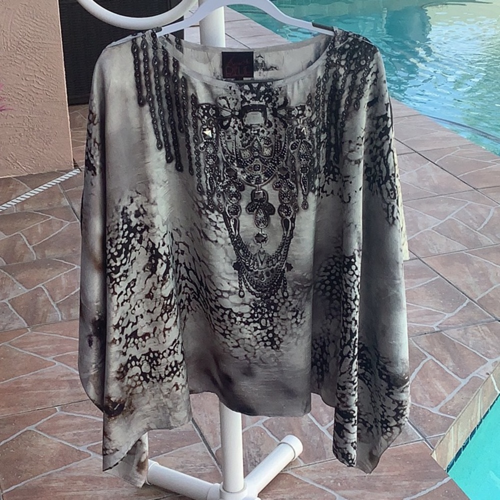 French Blue top grey with silver beads size small nice flowing material